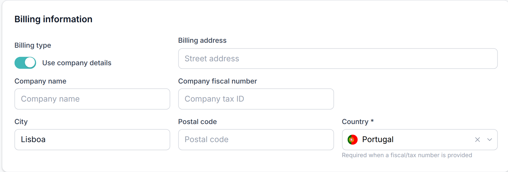 Tenant Portal — Billing information with Use company details On (company name and fiscal number)