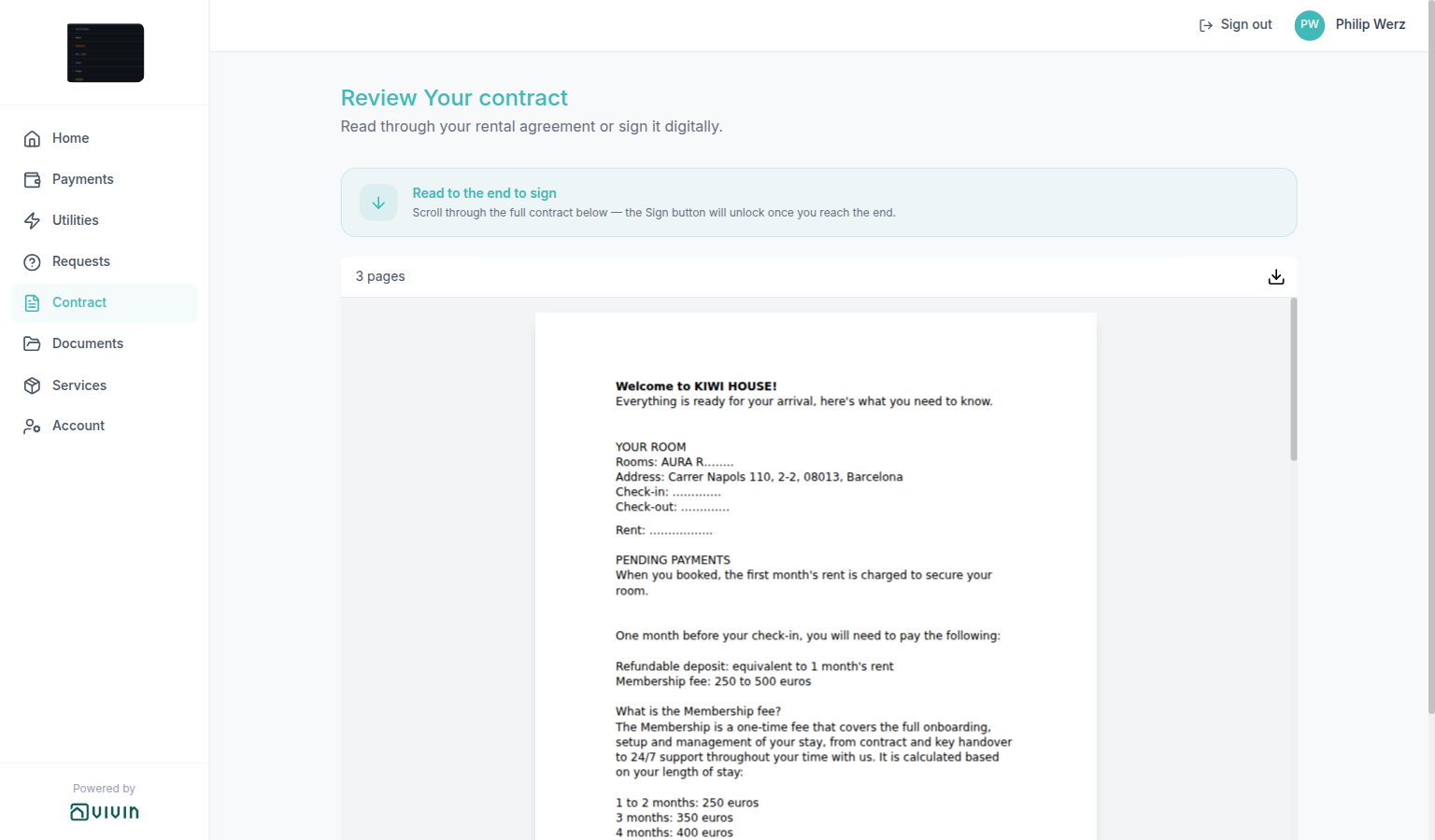 Tenant Portal — Contract tab with 3 pages and Download contract in the PDF viewer