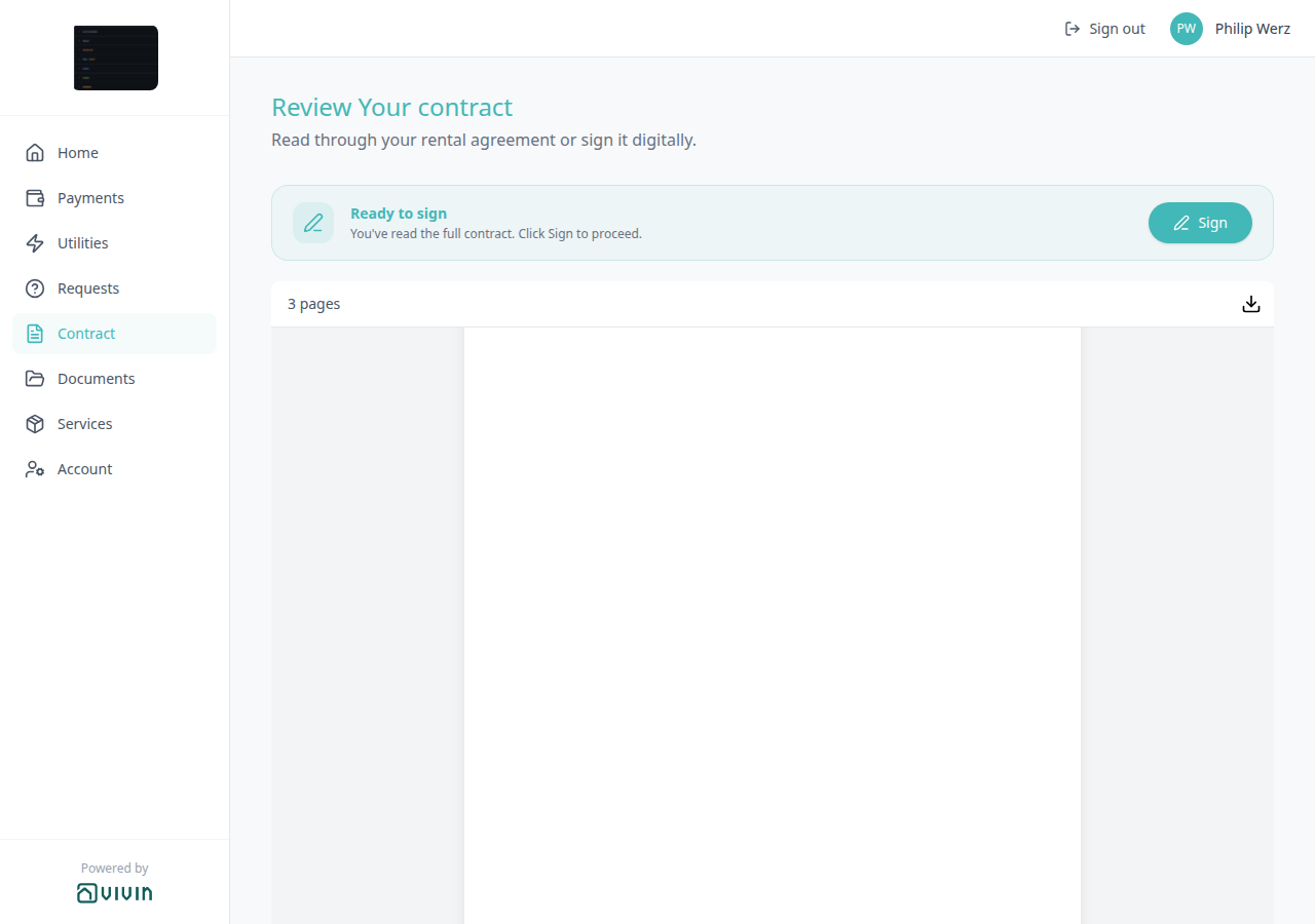 Tenant Portal — Contract tab with Ready to sign banner and Sign unlocked