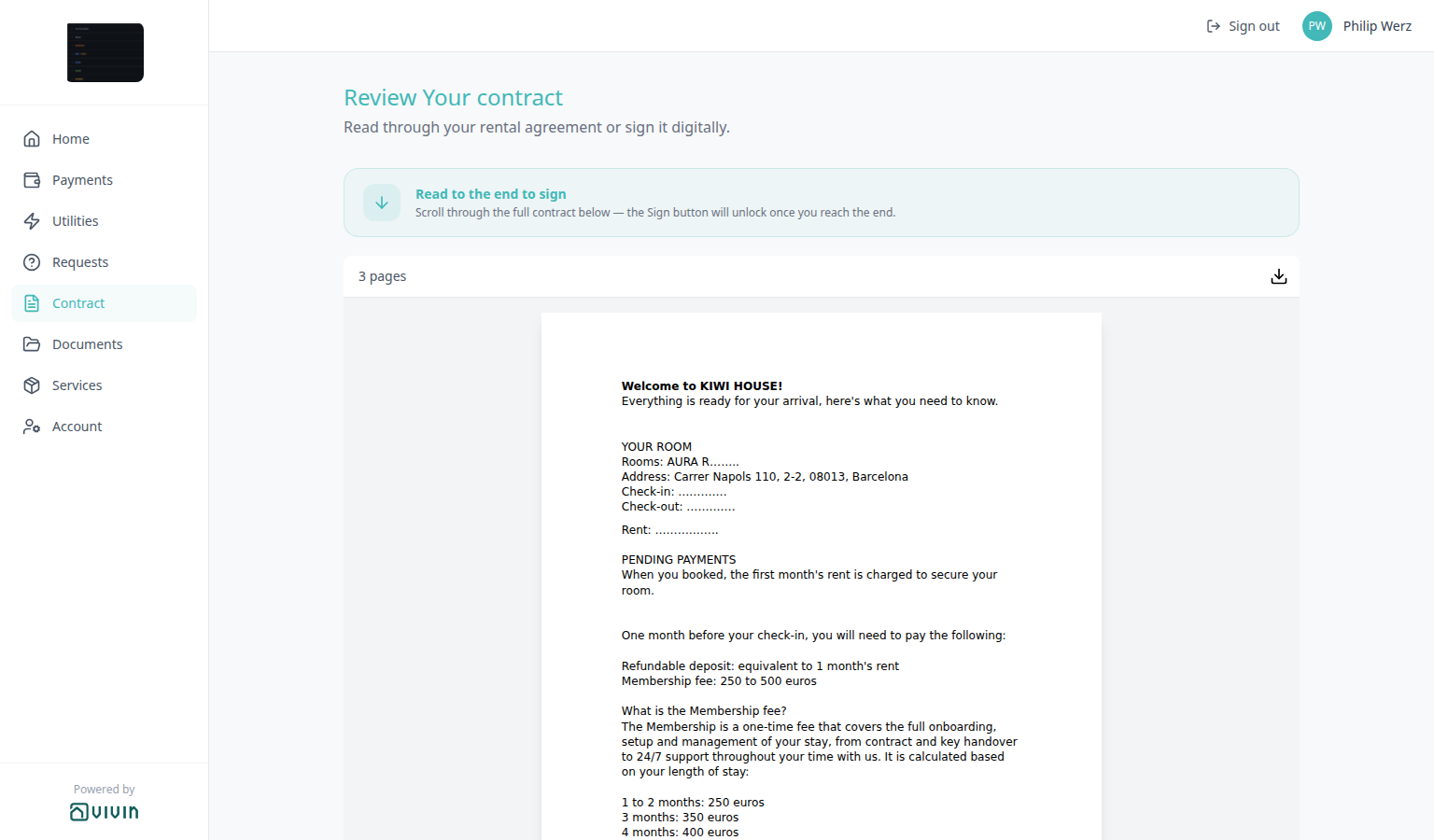 Tenant Portal — Contract tab with Read to the end to sign and the unsigned PDF