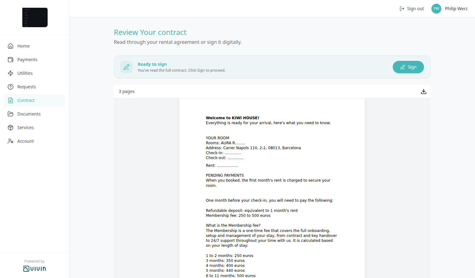Tenant Portal — Contract tab Ready to sign with Sign unlocked