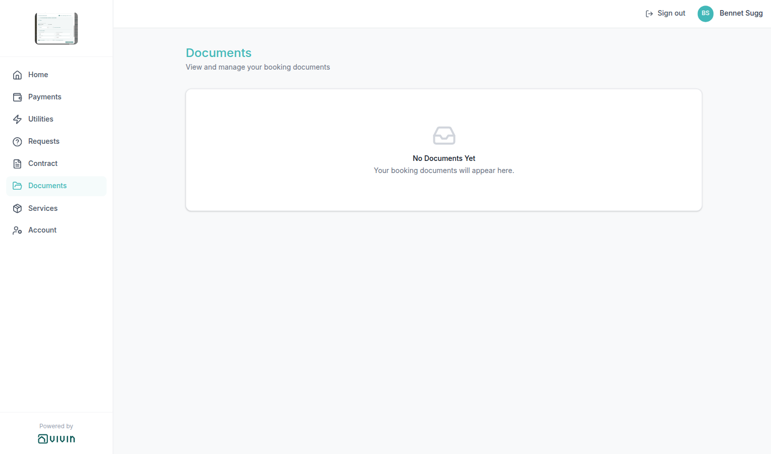 Tenant Portal — Documents tab empty state when no files are attached to the booking