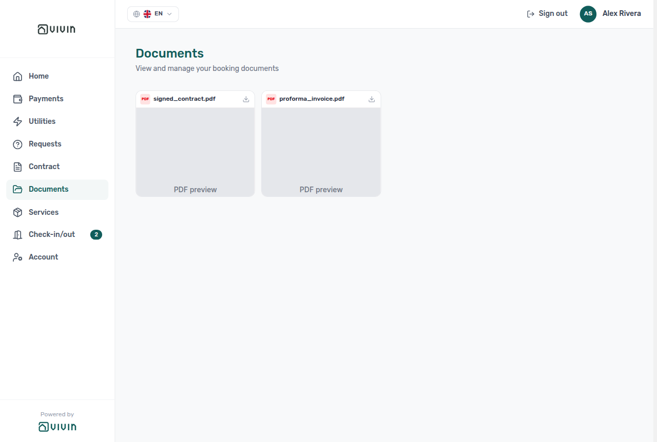 Tenant Portal — Documents grid with PDF tiles, type badges, and download