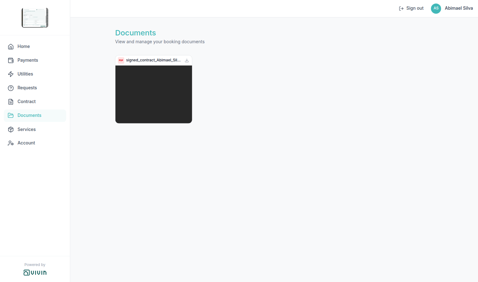 Tenant Portal — Documents tab with attached booking files, category labels, and preview/download actions