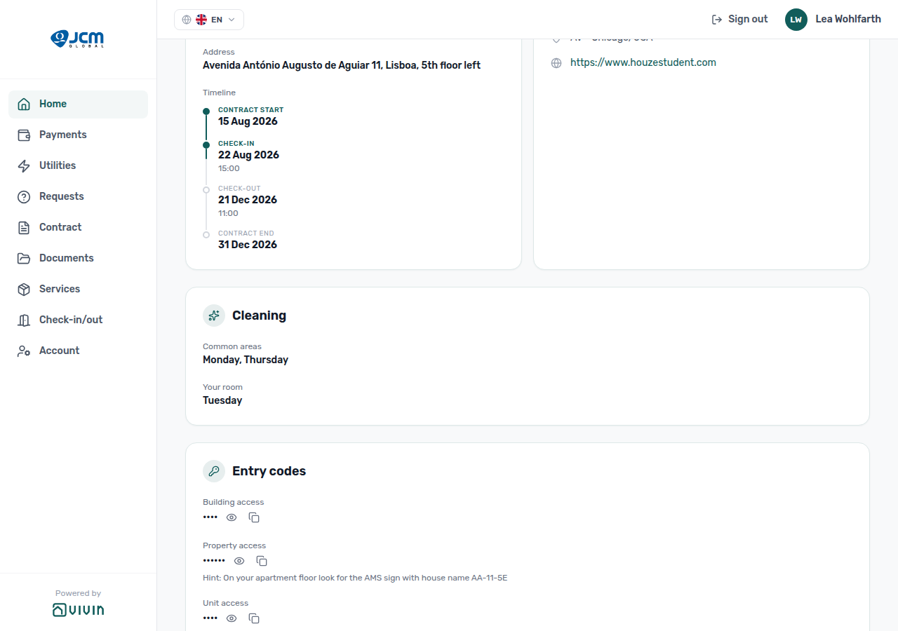 Tenant Portal — Home with the Cleaning card (common areas Monday, Thursday; room Tuesday)