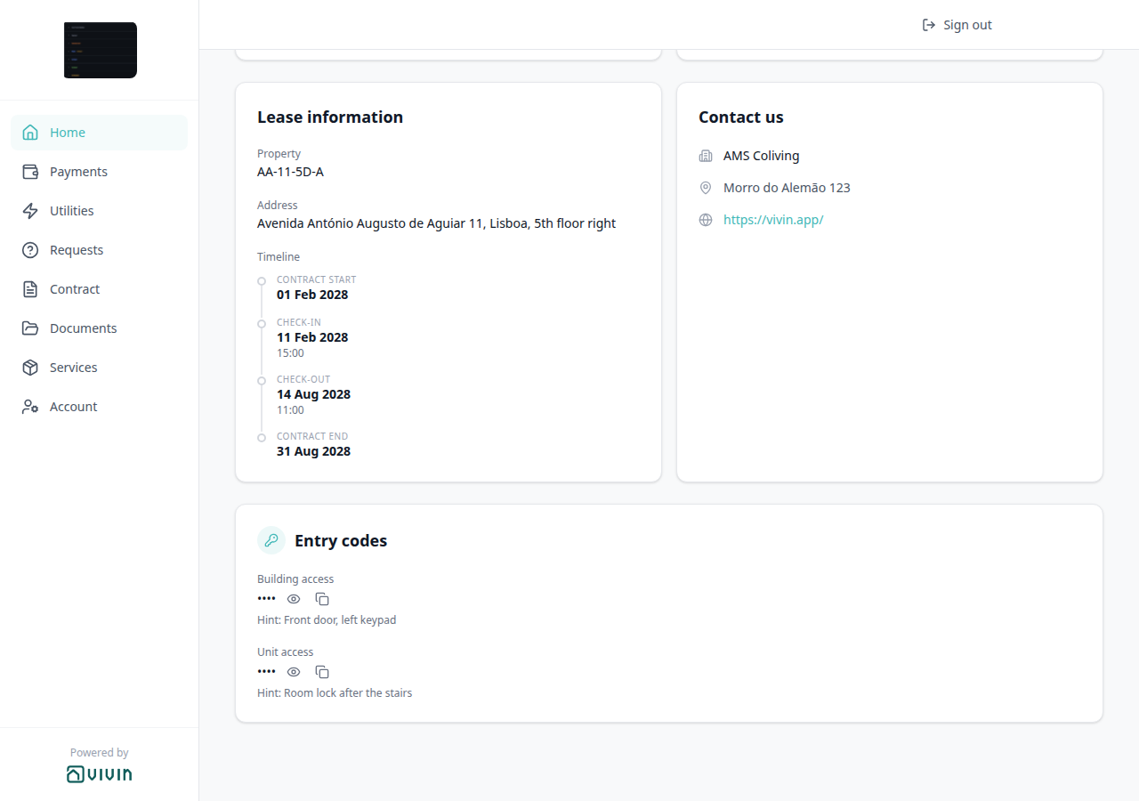 Tenant Portal — Home with the Entry codes card