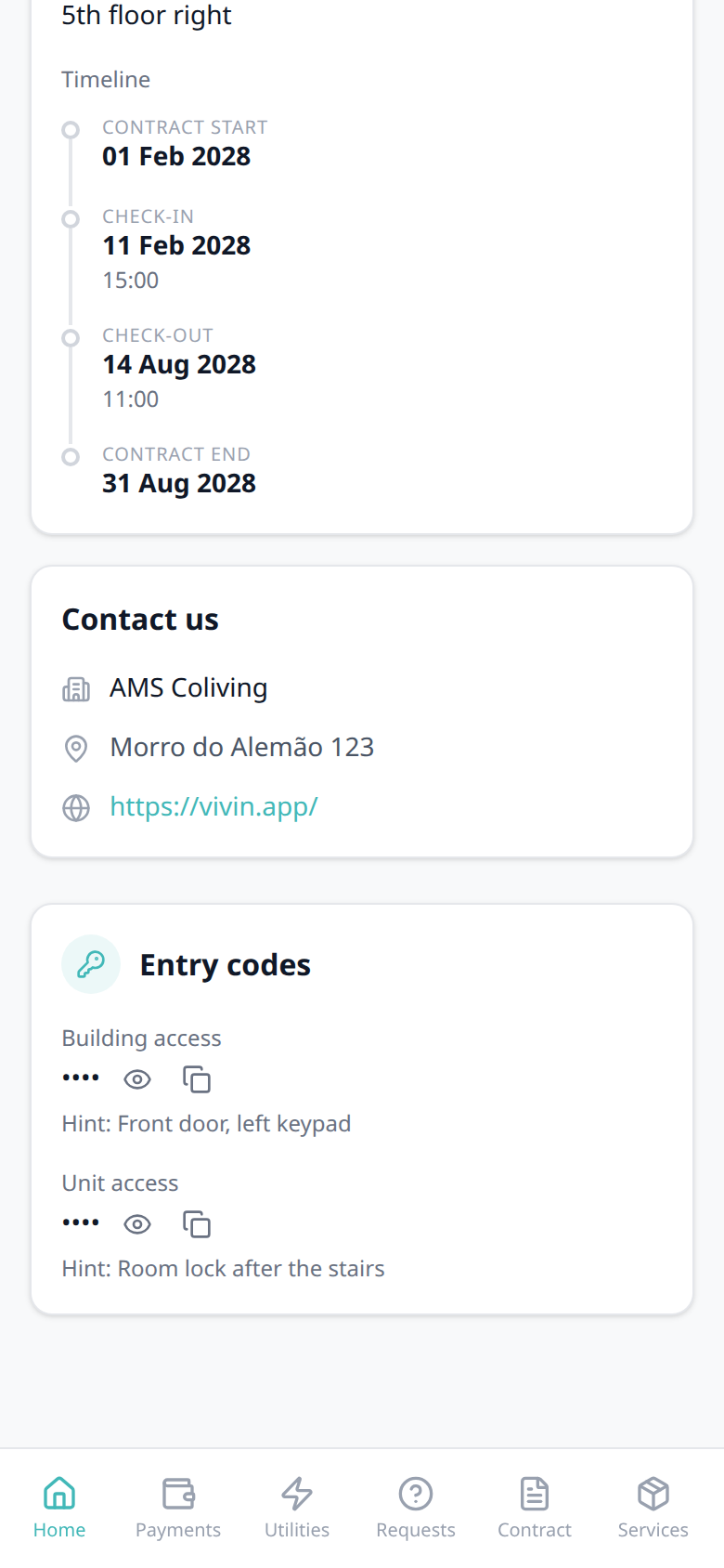 Tenant Portal — Home Entry codes card on a phone