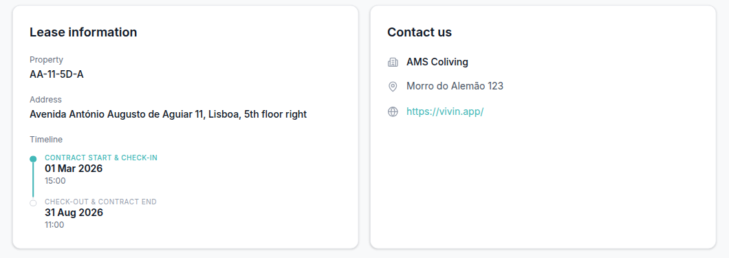 Tenant Portal — Home Lease information and Contact us cards side by side
