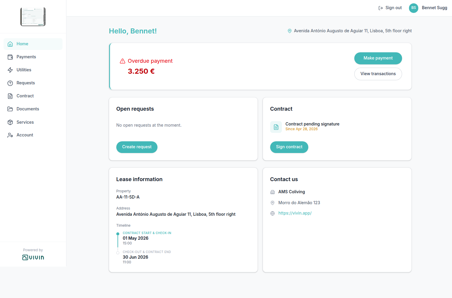 Tenant Portal — Home balance card with overdue amount and Make payment