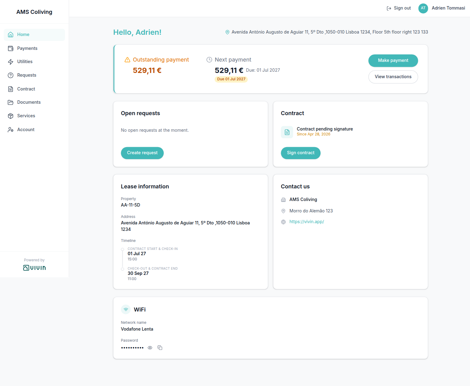 Tenant Portal — signed-in home with navigation, payment summary, and lease timeline (example booking AA-11-5D)