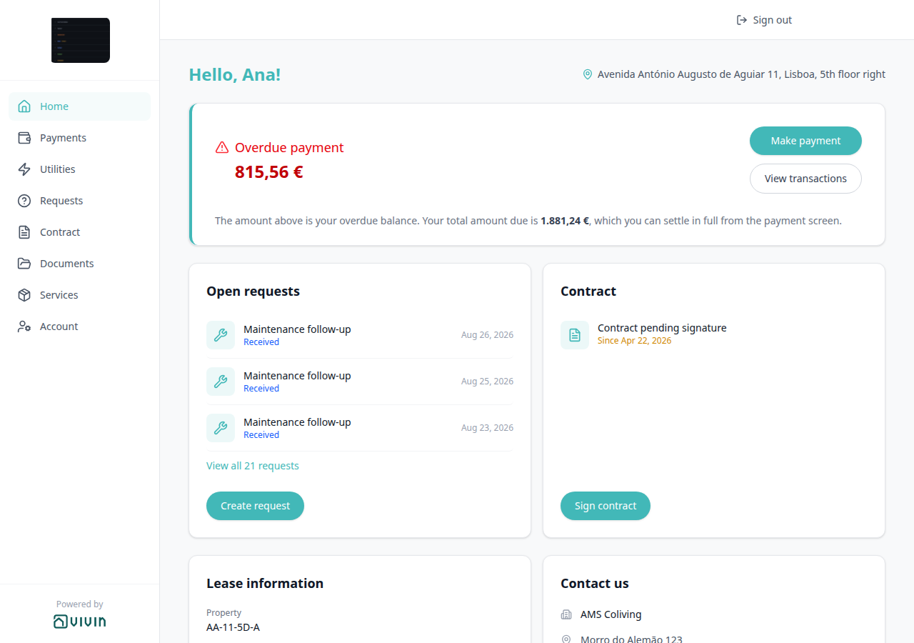 Tenant Portal — Home with View transactions on the overdue balance card