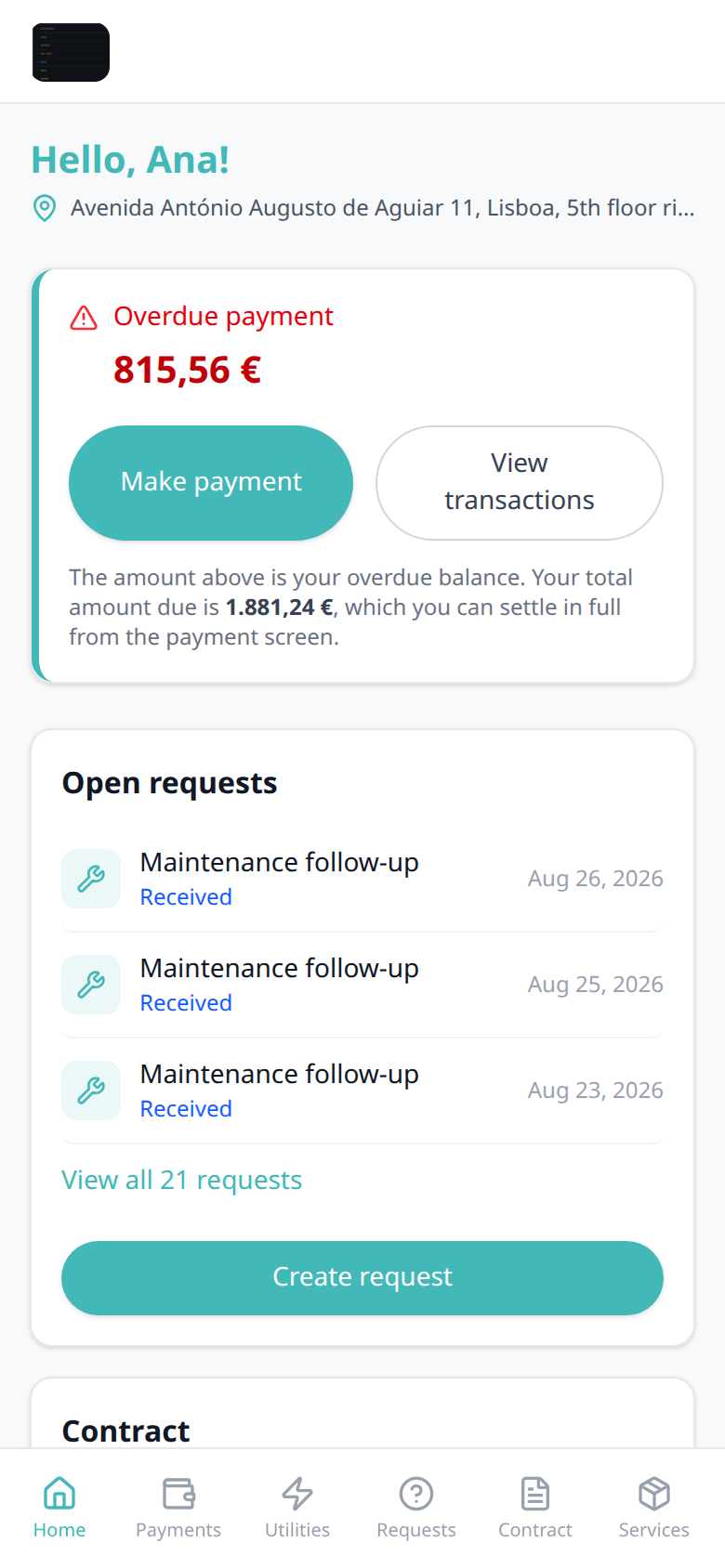 Tenant Portal — Home View transactions on a phone