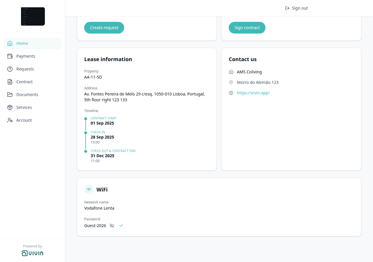 Tenant Portal — Home WiFi after Copy password (green check)