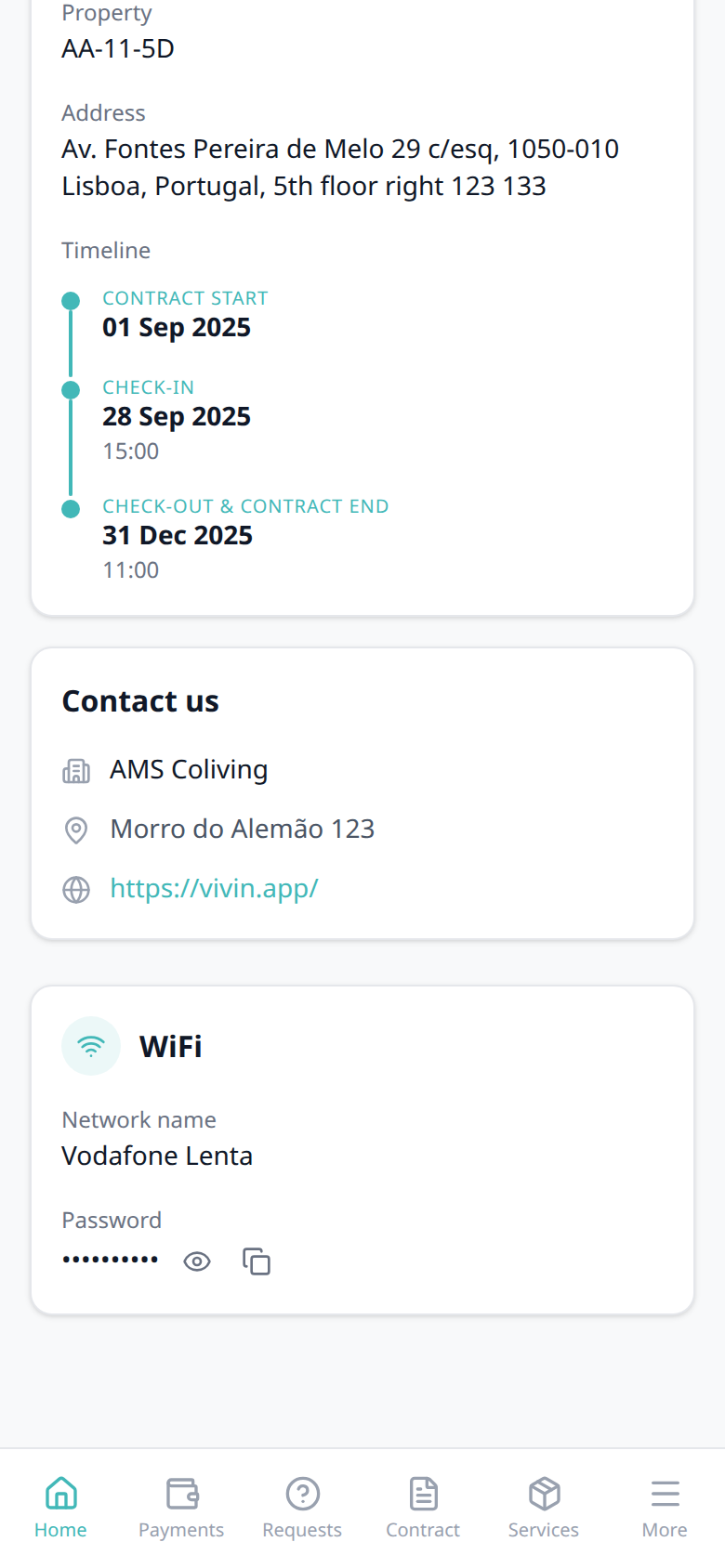 Tenant Portal — phone Home WiFi card with masked password
