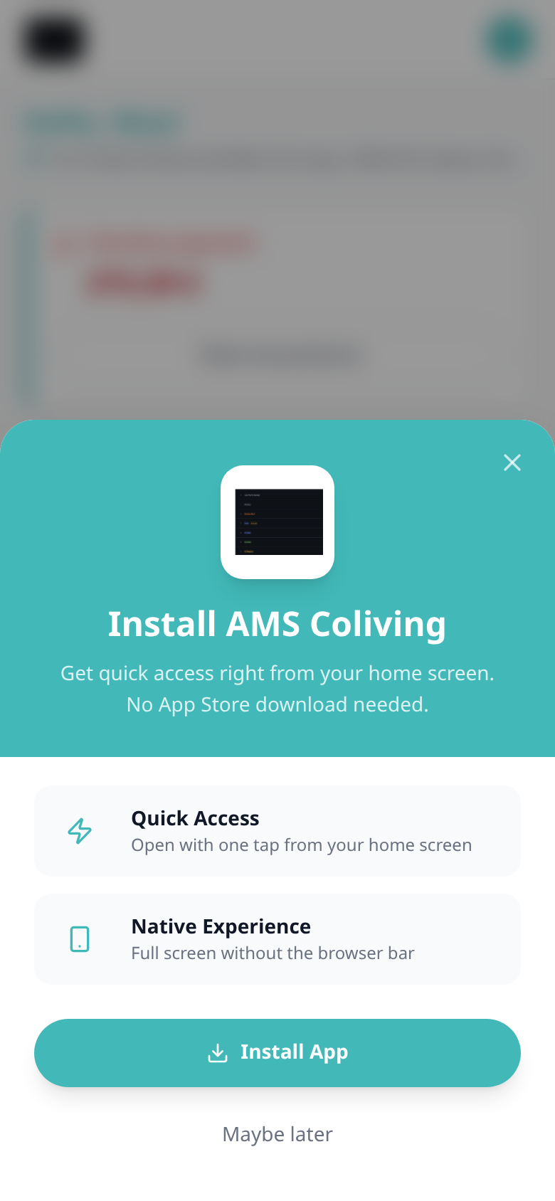 Tenant Portal — Android Install app overlay with Install plus company name, Install App, and Maybe later