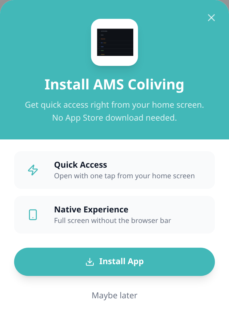 Tenant Portal — Android Install App button and Maybe later on the branded overlay