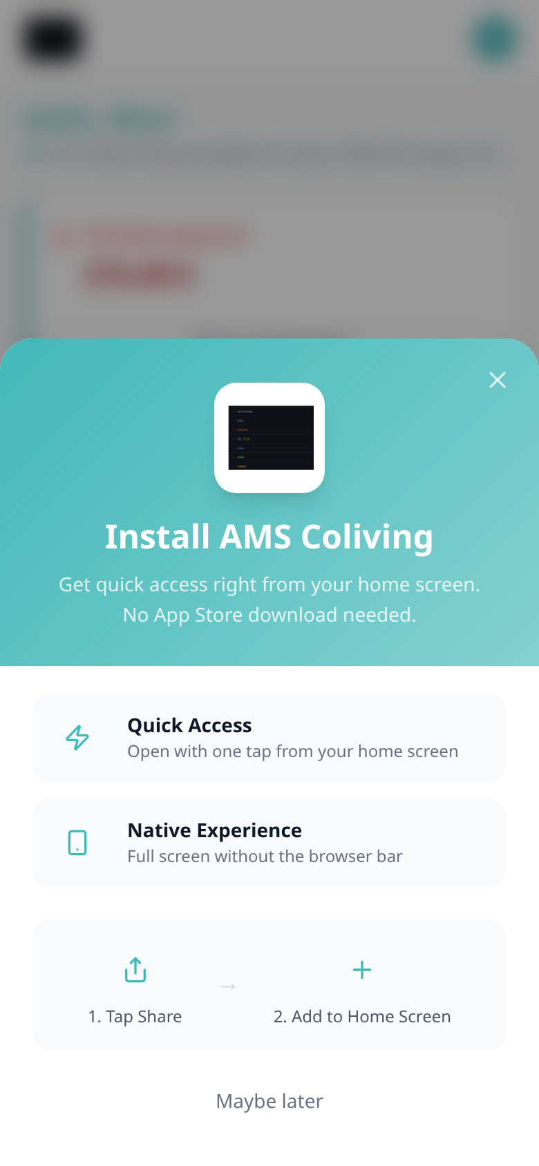 Tenant Portal — Install app overlay with company name, Quick Access, Native Experience, and iPhone Share steps