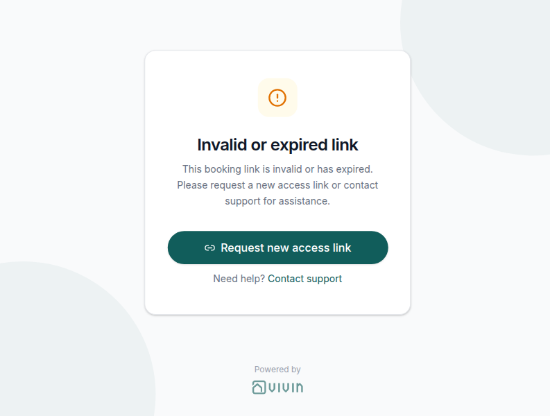 Tenant Portal — invalid or expired booking link with request-new-link action