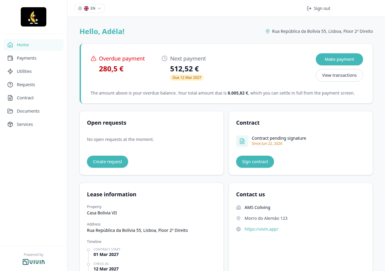 Tenant Portal — desktop language switcher (globe, UK flag, EN) in the top bar