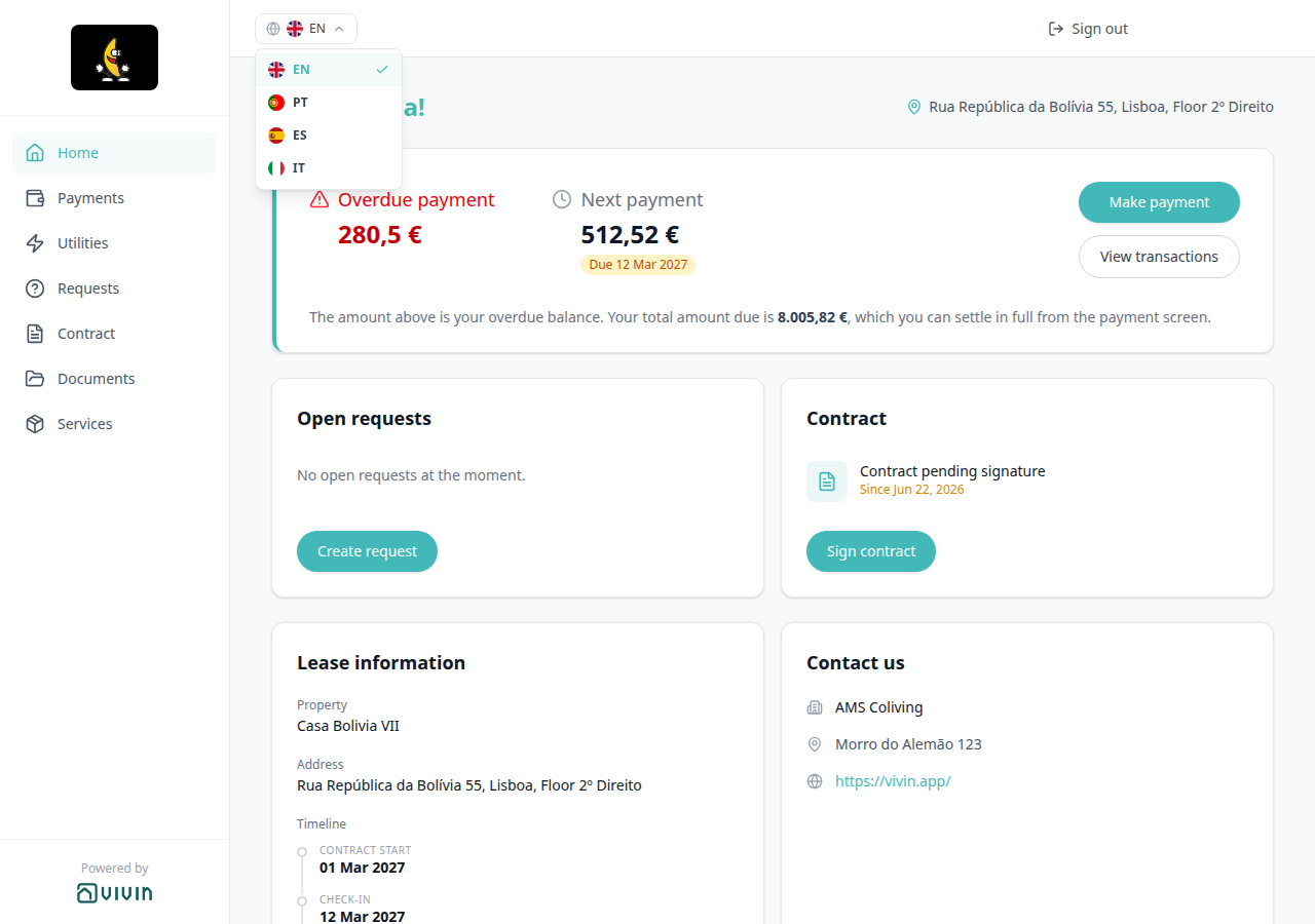 Tenant Portal — language menu with EN selected, then PT, ES, and IT