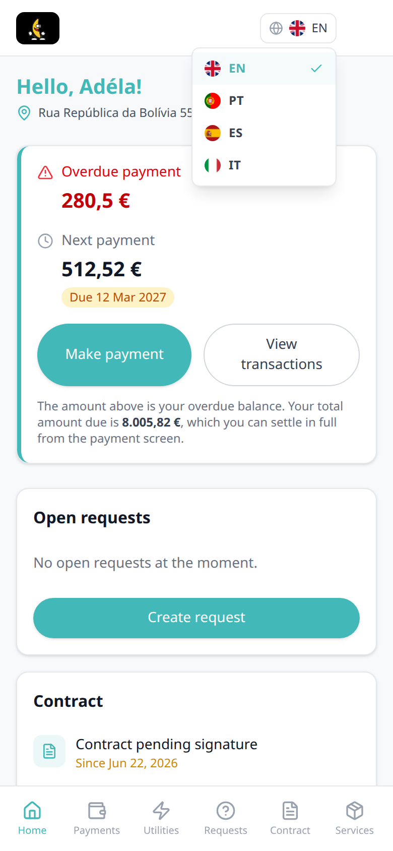 Tenant Portal — phone language menu with EN selected, then PT, ES, and IT