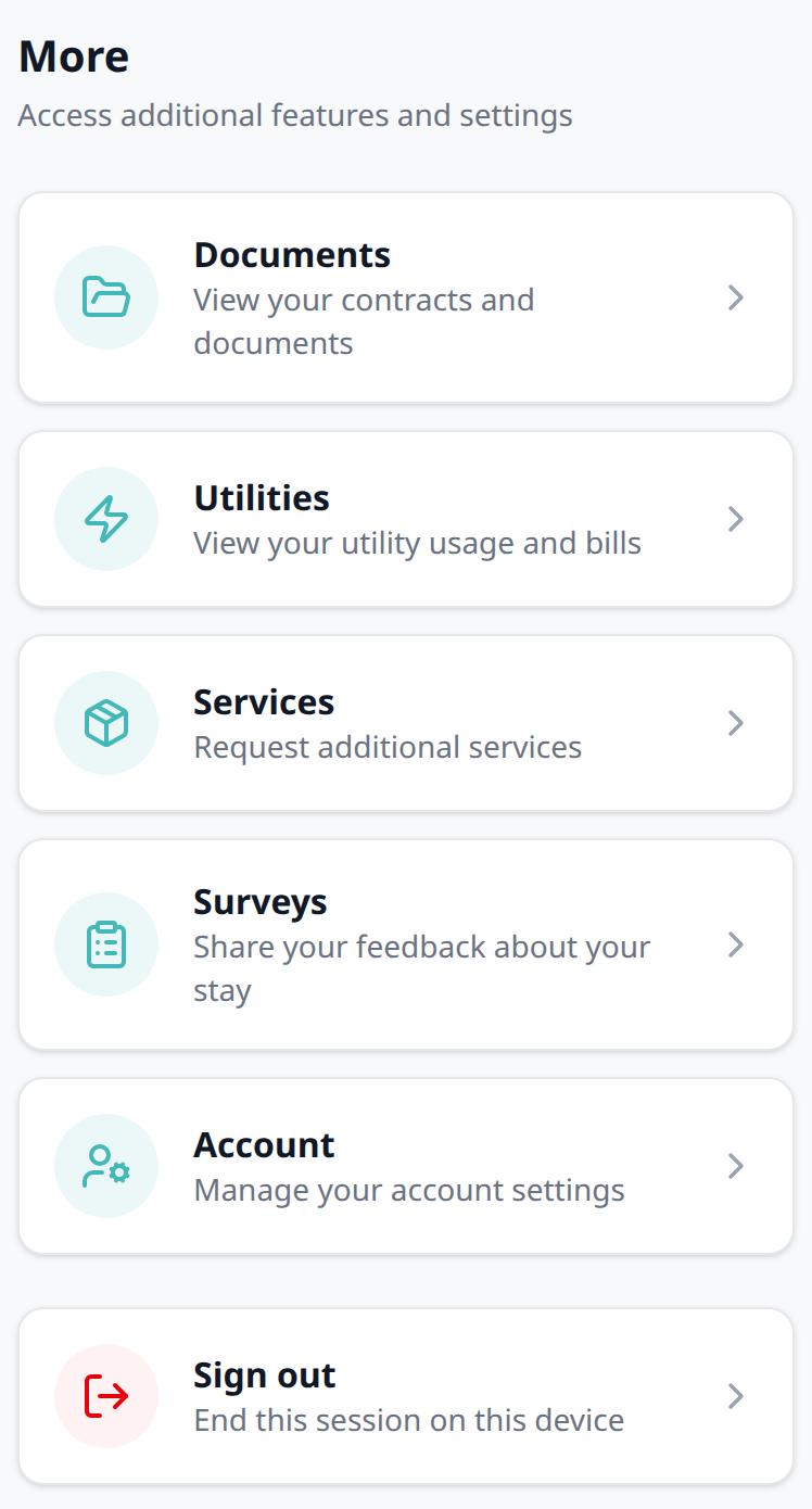 Tenant Portal — More page with Documents, Utilities, Services, Surveys, Account, and Sign out