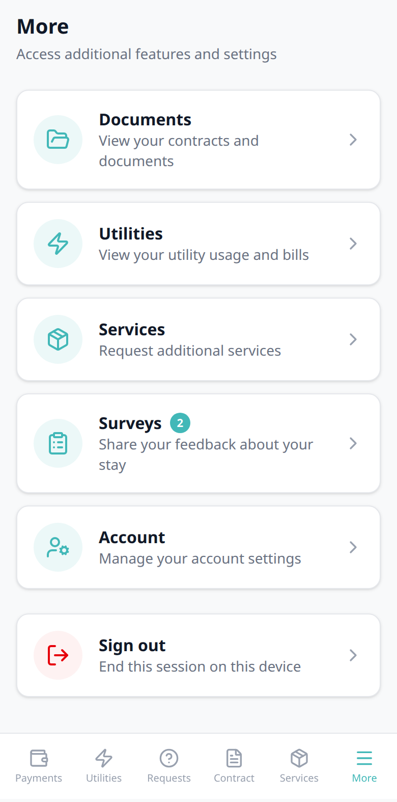 Tenant Portal — More page with bottom bar on a phone