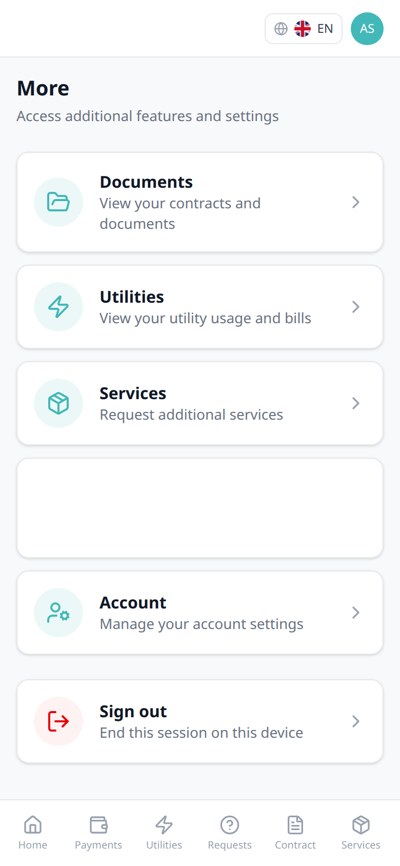 Tenant Portal — More page Sign out card with End this session on this device