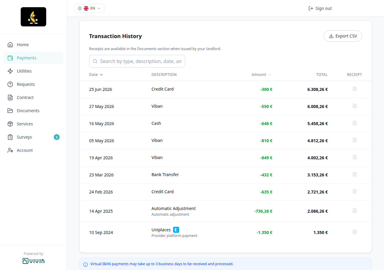 Tenant Portal — Payments Transaction History with Automatic Adjustment among Credit Card, Viban, Cash, Bank Transfer, and Uniplaces