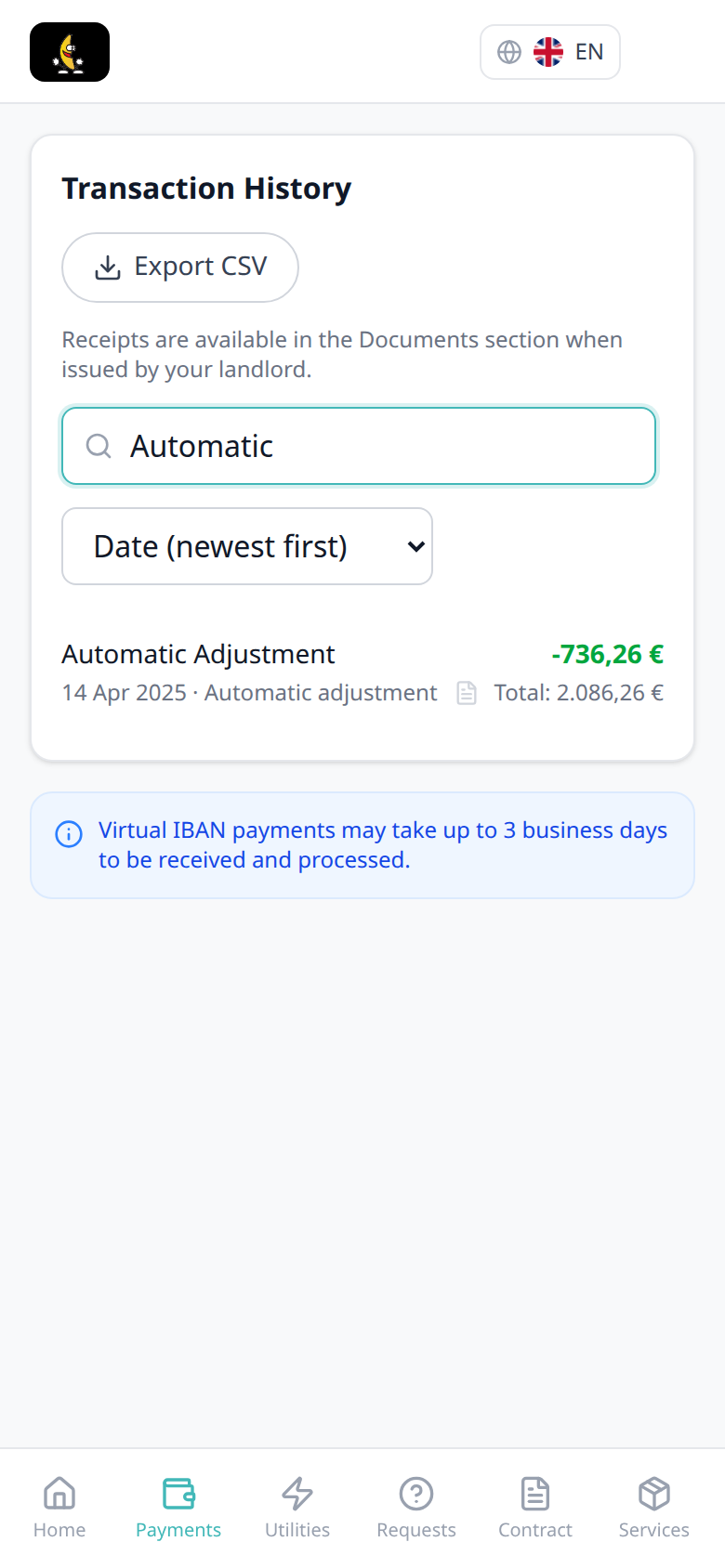 Tenant Portal — phone Transaction History search Automatic with Automatic Adjustment card