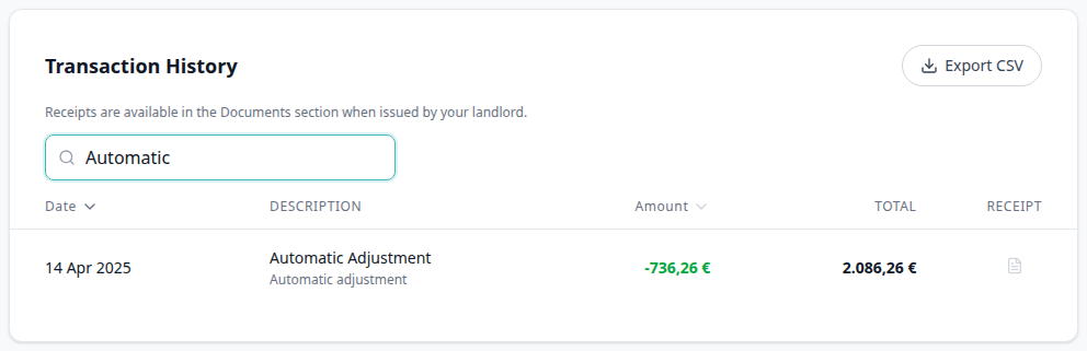 Tenant Portal — Transaction History search Automatic keeping the Automatic Adjustment row