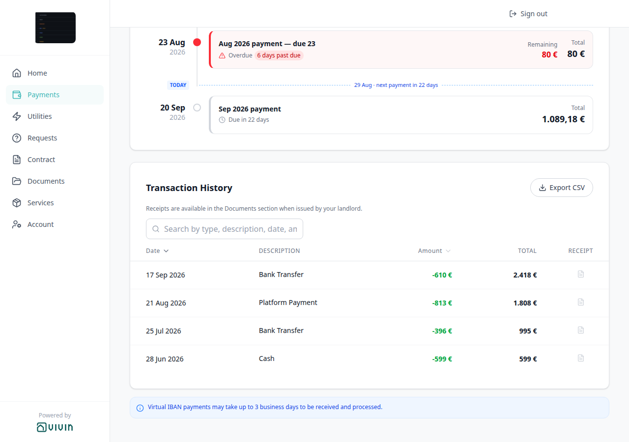 Tenant Portal — Payments Transaction History with Bank Transfer among Cash and Platform Payment