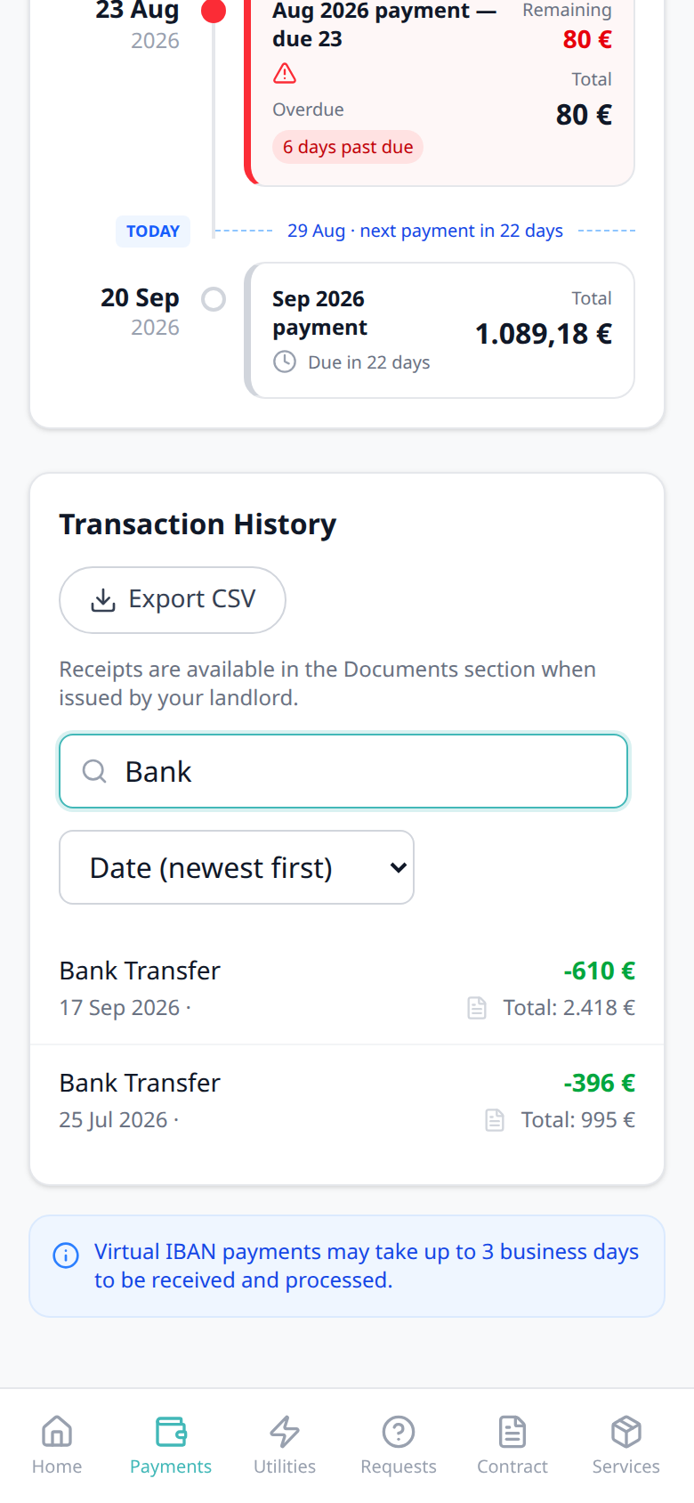 Tenant Portal — phone Transaction History search Bank with Bank Transfer cards