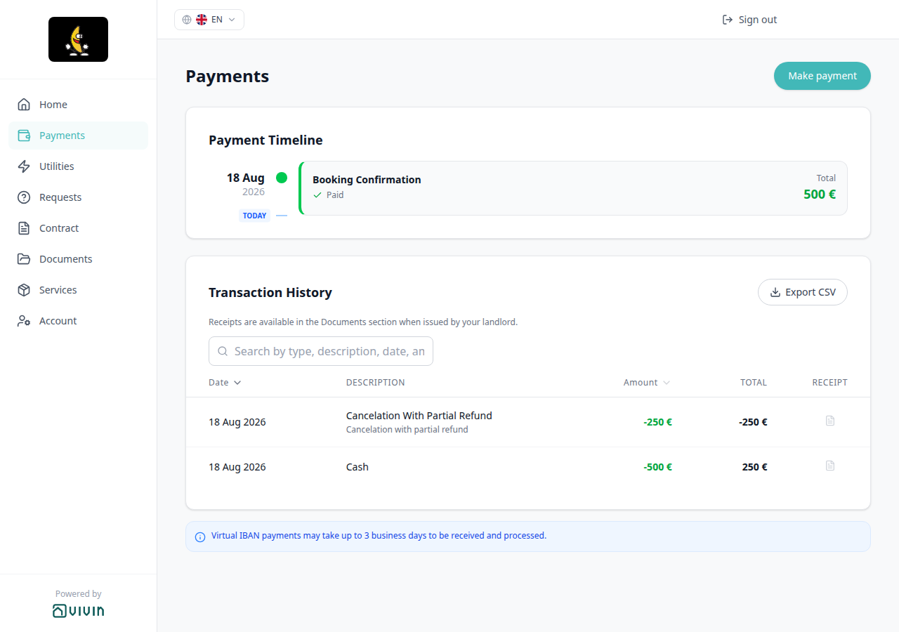 Tenant Portal — Payments Transaction History with Cancelation With Partial Refund among Cash