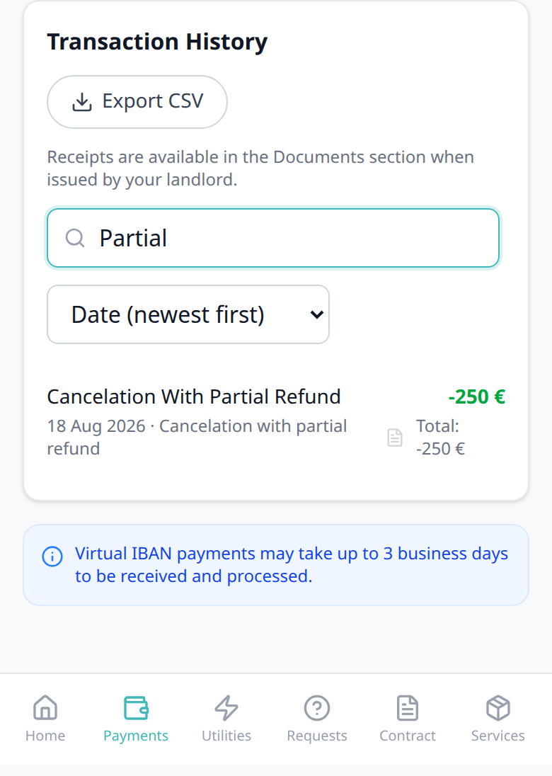 Tenant Portal — phone Transaction History search Partial with Cancelation With Partial Refund card