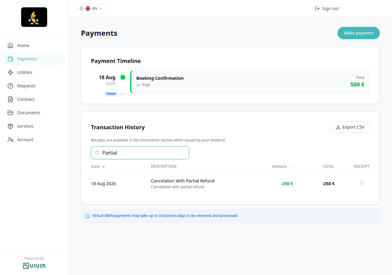 Tenant Portal — Transaction History search Partial keeping the Cancelation With Partial Refund row