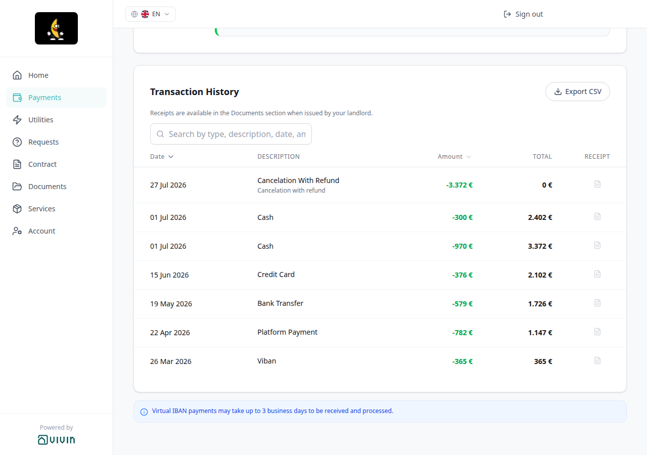 Tenant Portal — Payments Transaction History with Cancelation With Refund among Cash, Credit Card, Bank Transfer, Platform Payment, and Viban