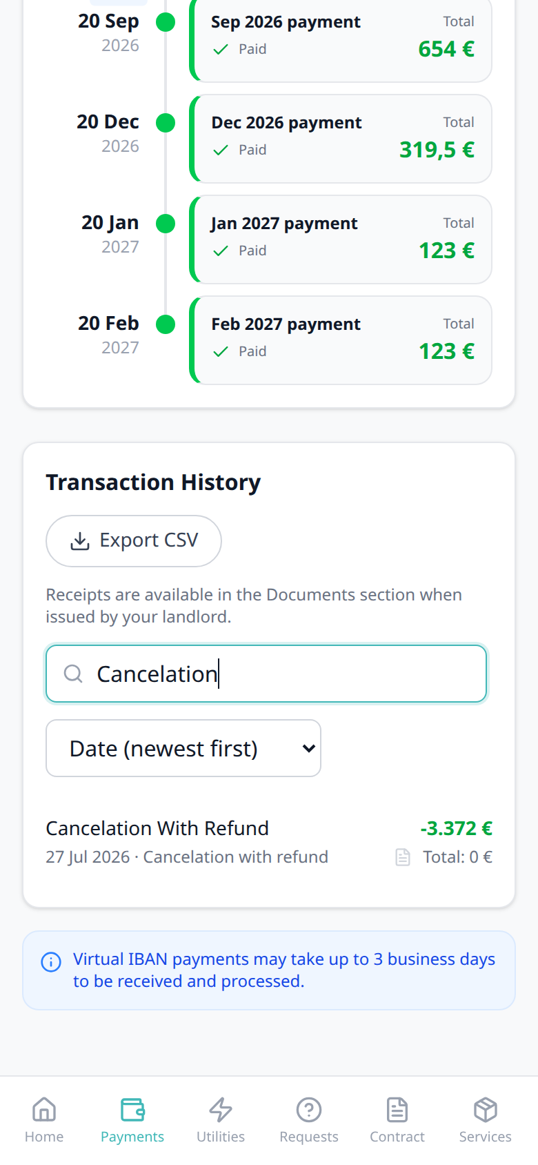 Tenant Portal — phone Transaction History search Cancelation with Cancelation With Refund card