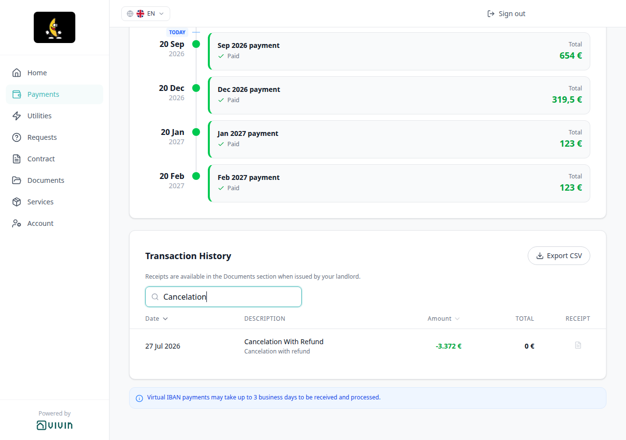 Tenant Portal — Transaction History search Cancelation keeping the Cancelation With Refund row