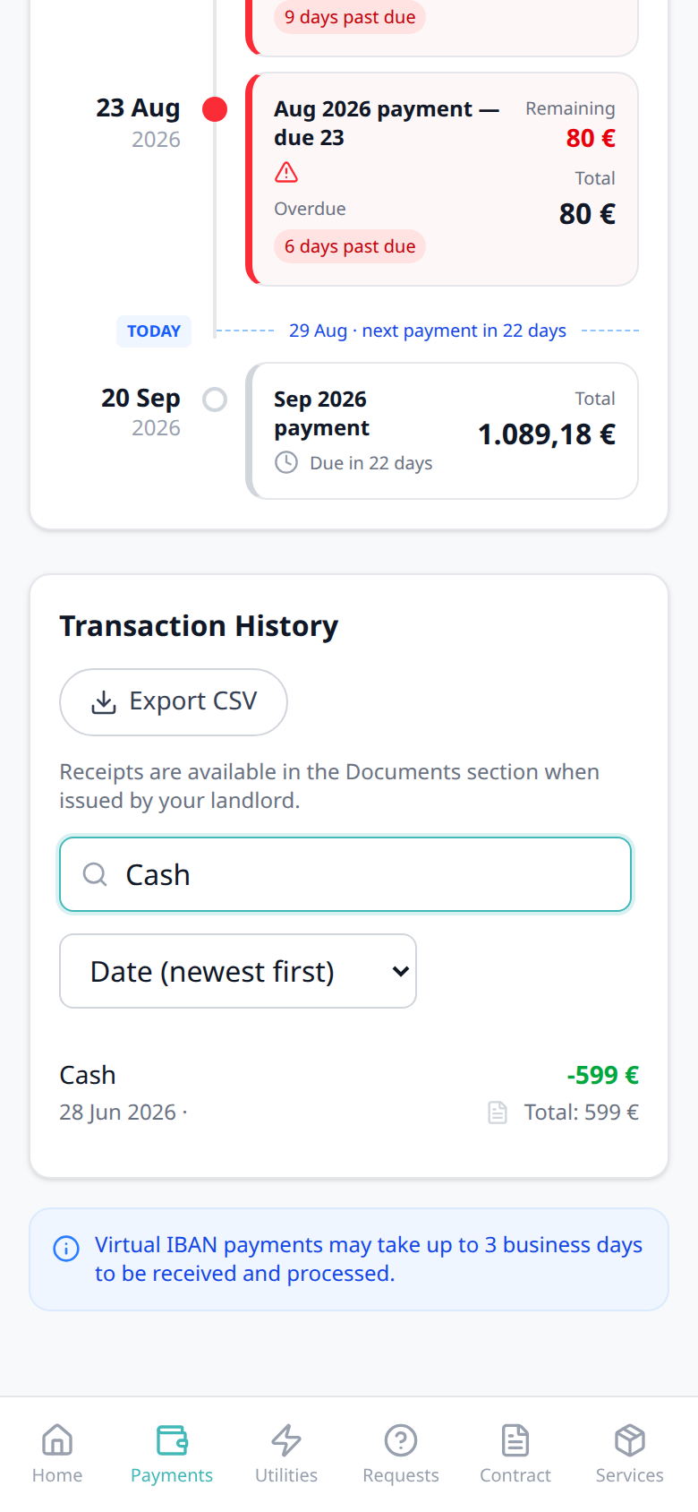 Tenant Portal — phone Transaction History search Cash with Cash card