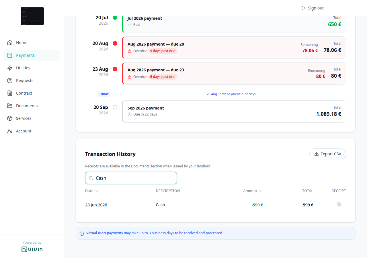 Tenant Portal — Transaction History search Cash keeping the Cash row