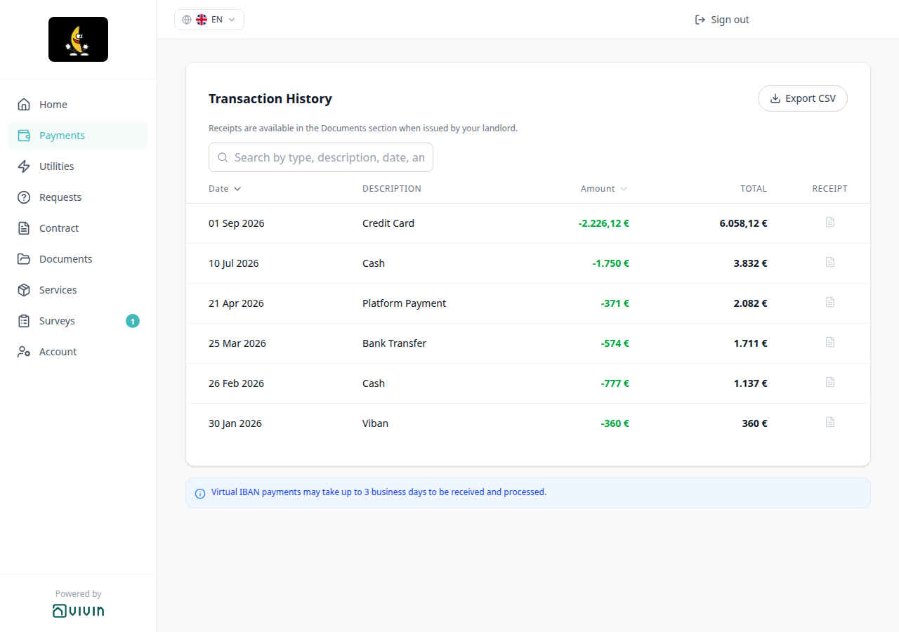 Tenant Portal — Payments Transaction History with Credit Card among Cash, Platform Payment, and Bank Transfer