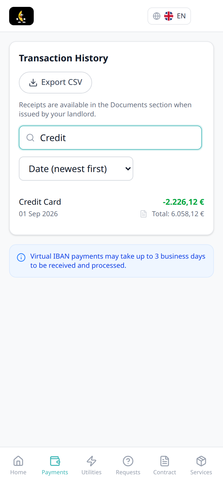 Tenant Portal — phone Transaction History search Credit with Credit Card card