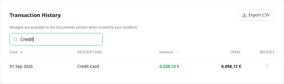 Tenant Portal — Transaction History search Credit keeping the Credit Card row