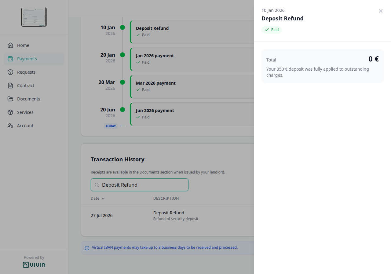 Tenant Portal — Payments Deposit Refund Paid with deposit fully applied to outstanding charges