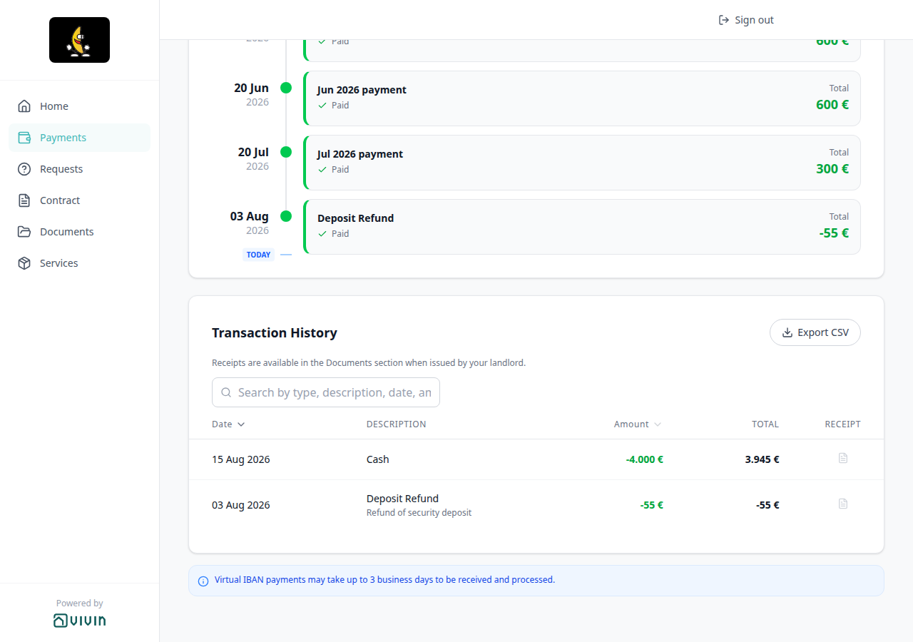 Tenant Portal — Payments Transaction History with Deposit Refund among Cash