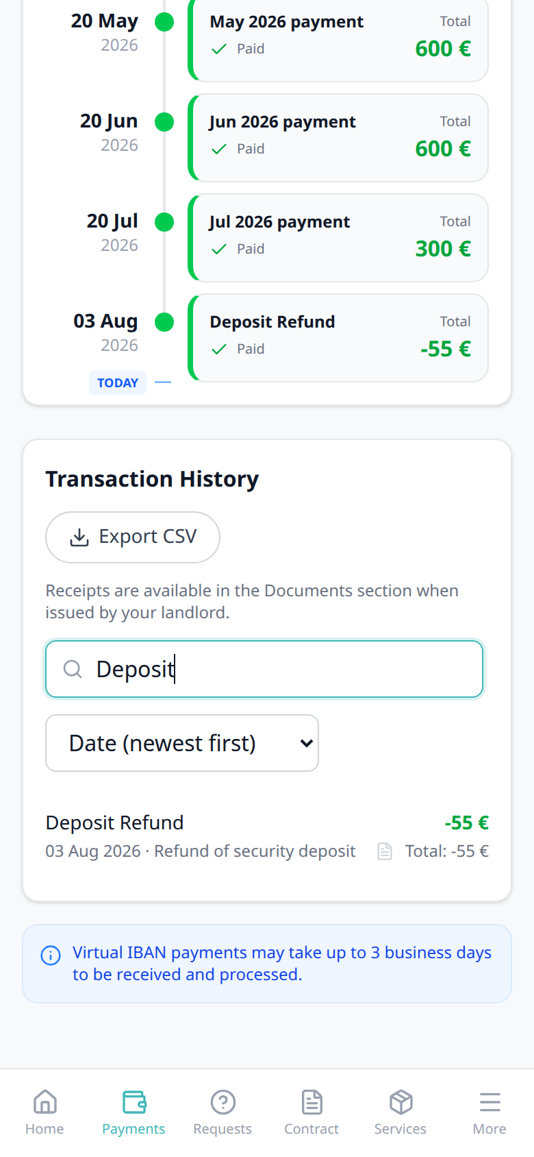 Tenant Portal — phone Transaction History search Deposit with Deposit Refund card