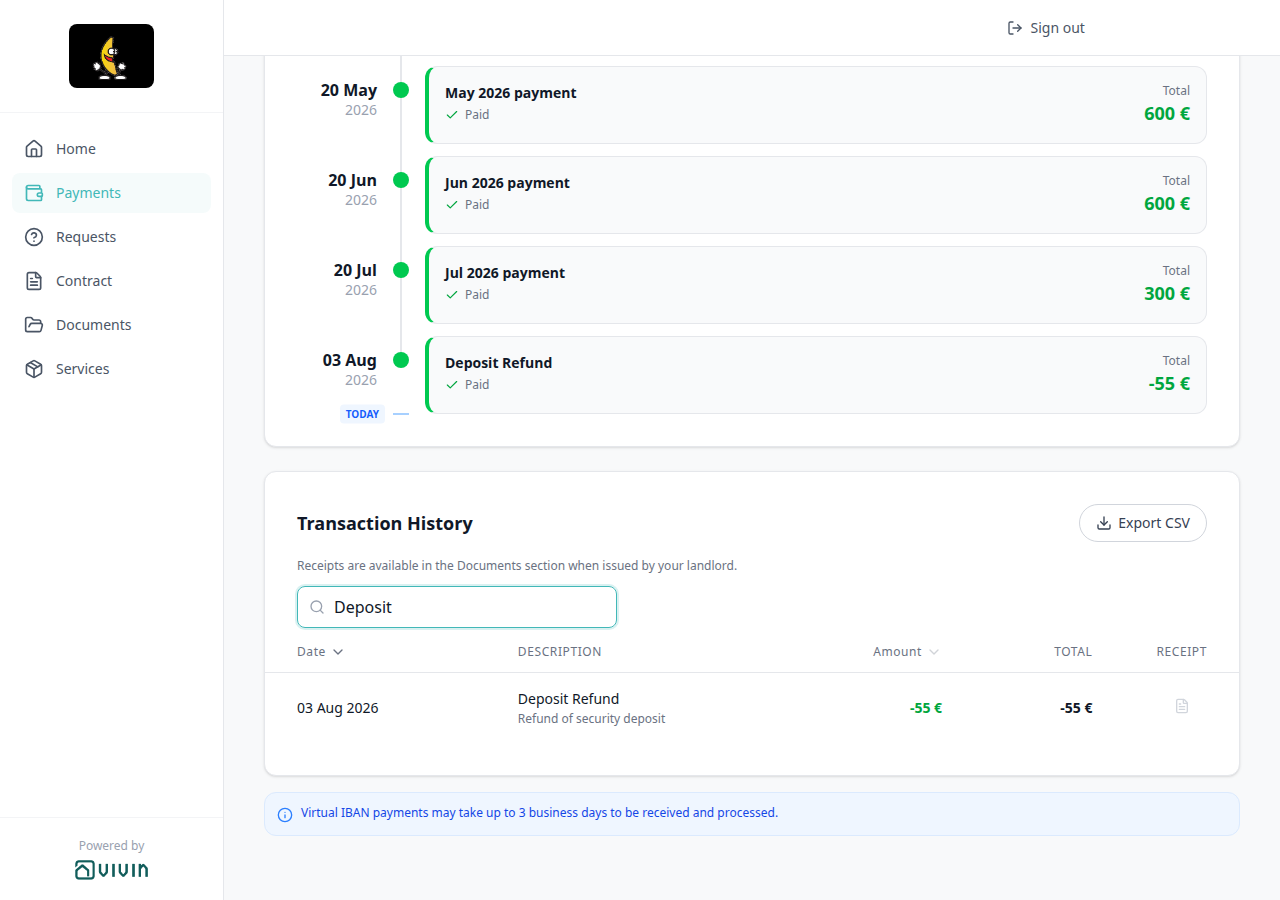 Tenant Portal — Transaction History search Deposit keeping the Deposit Refund row