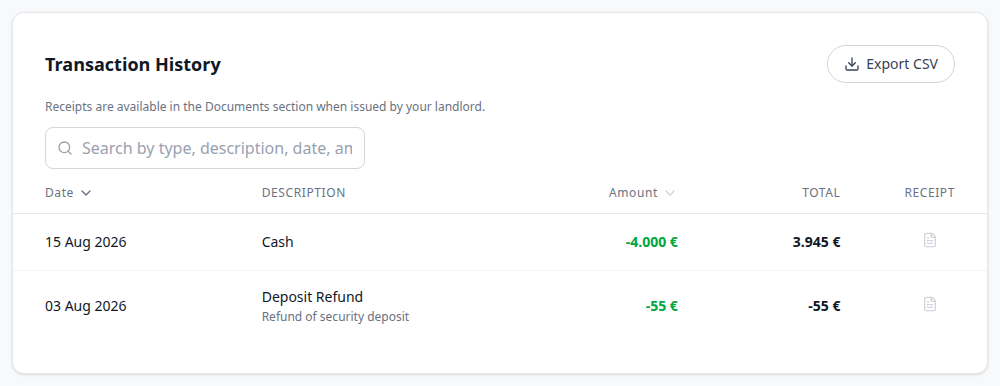 Tenant Portal — Transaction History table showing a Deposit Refund row among Cash