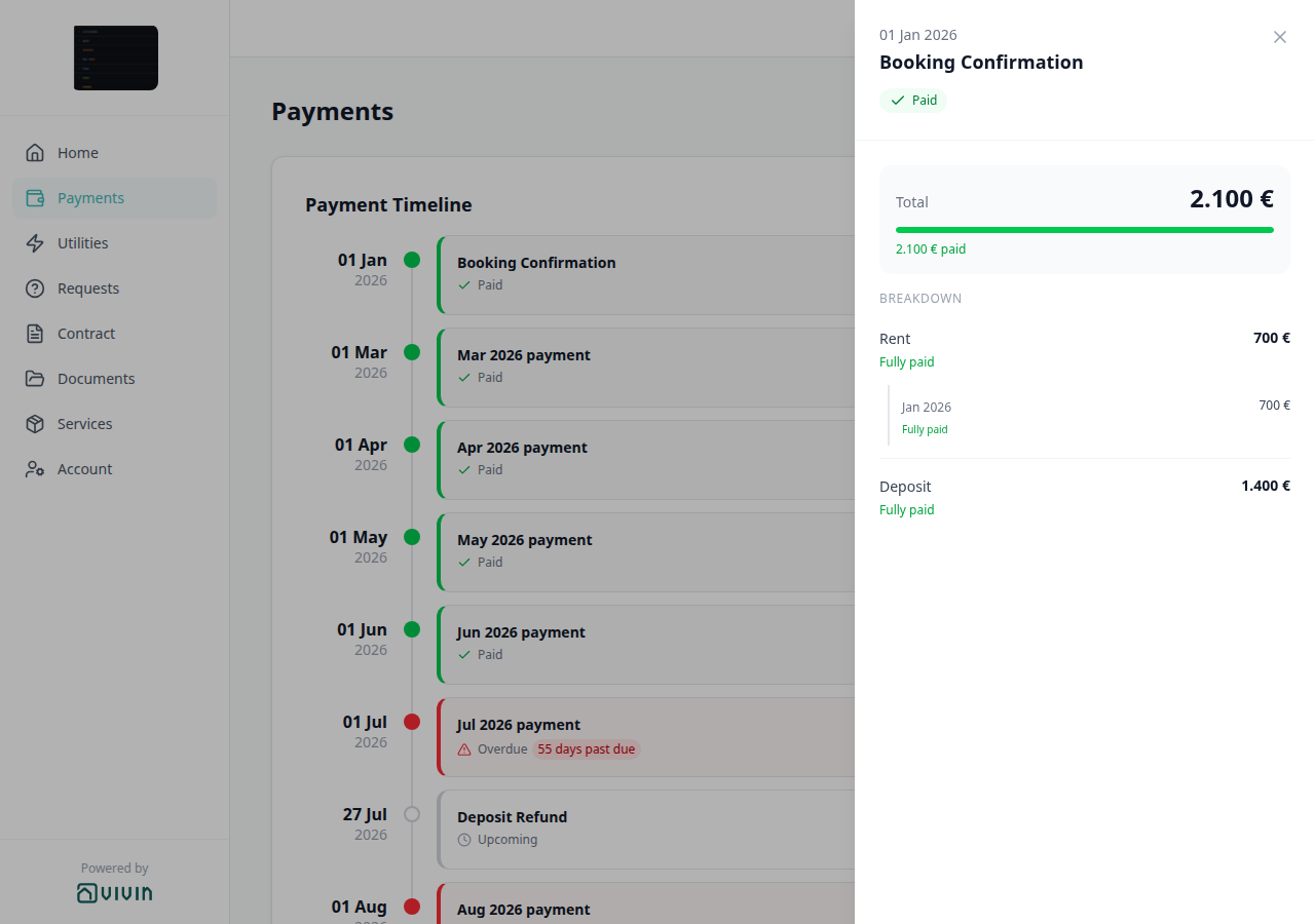 Tenant Portal — Payments Payment Timeline with Booking Confirmation details open